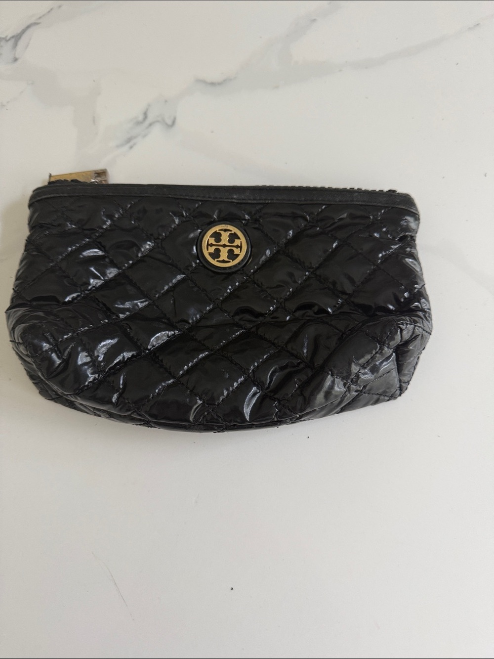 Tory Burch Quilted Patent Cosmetic Pouch in Black with Gold Logo